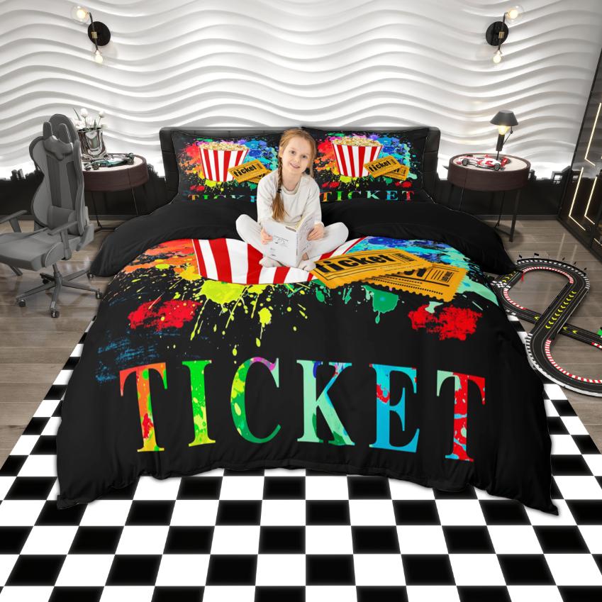 Homewish Retro Movie Duvet Cover Set Film Popcorn Bedding Set Cinema Theme Bedroom Set Room Decor