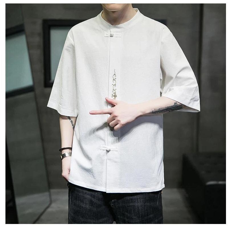 Men Chinese Style Frog Button Embroidered Linen Blend Short Sleeve Shirt L