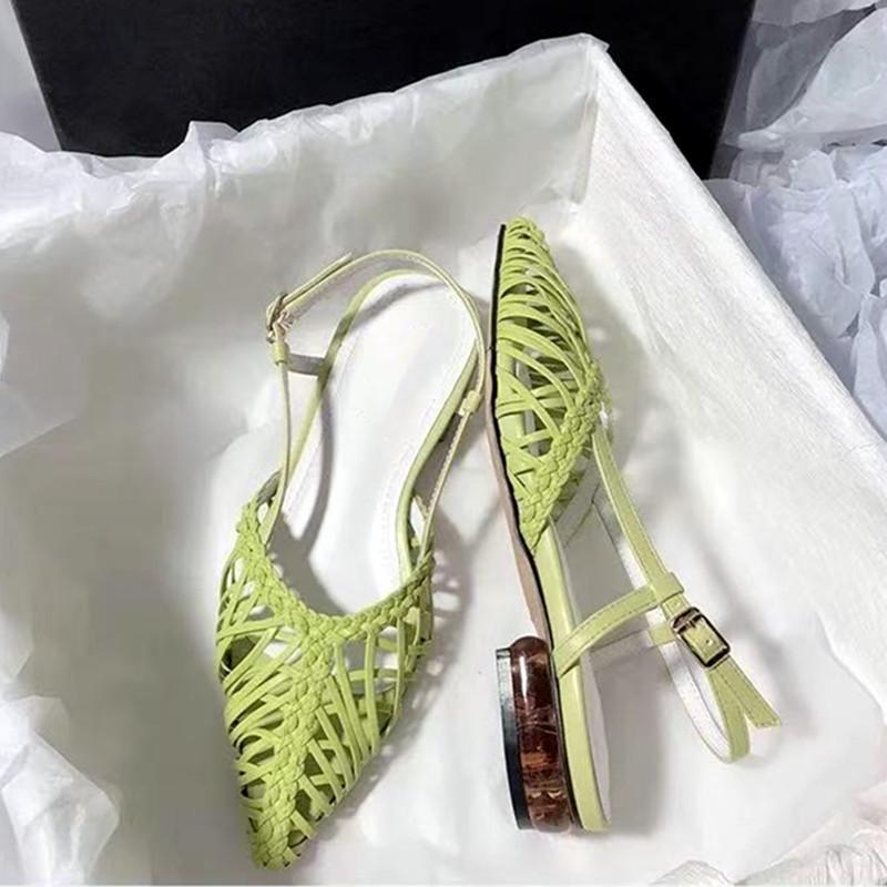 Fashion Elegant Green Openwork Woven Women Pumps Sexy Pointed Toe Square Heel Flat Sandals for Women Summer Fashion Comfort Beach Shoes