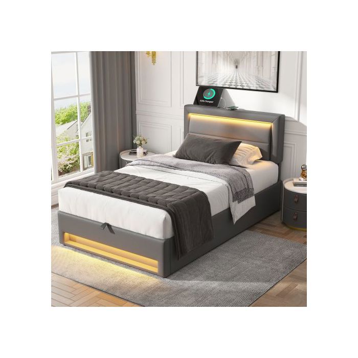 Lit rembourré - MUVOE - 90 x 190 cm - USB - Éclairage LED - Espace de rangement