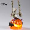 Halloween Skeleton Ornament Swing with Lighted Pumpkin, Light-up Ornament, Figurine Hanging Statue for Indoor Front Porch Decor Resin Bone