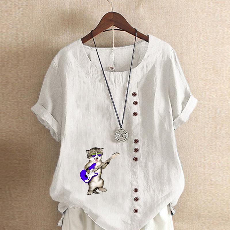 Women's Fashion Talking About His Cat Prined Short Sleeve T-shirt Loose Cotton Shirt Casual Loose Summer Blouse Plus Size Tops