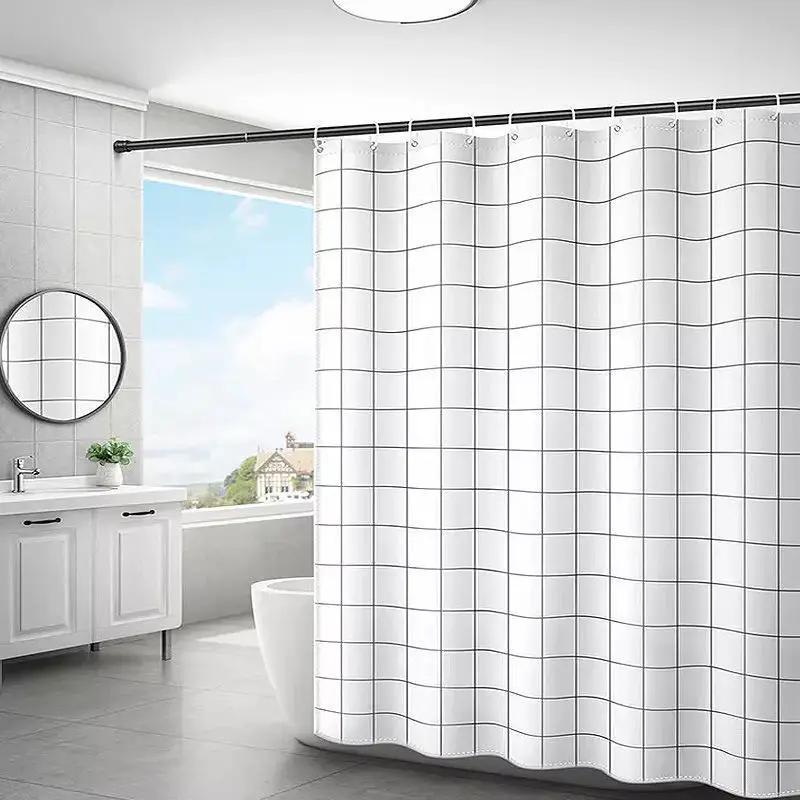 Shower Curtains 180Cm Gray White Plaid Bathroom Curtain Simple Modern Style Waterproof 71 Inches With Hooks Polyester Fabric
