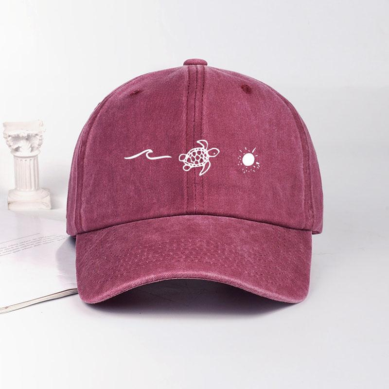 Retro Washed Baseball Cap With Wave, Turtle, And Sun Print – Unisex Adjustable Dad Cap – Summer Beach Sun Hat