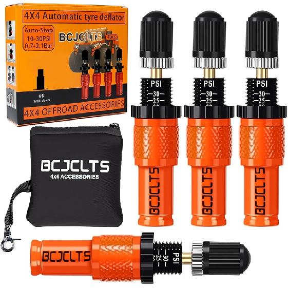 Adjustable Auto-Stop Tire Deflator Valve Kit (10-30 PSI) Tire Air Down Tool Offroad 4X4 Screw-On Automatic Tire Deflators. (4, Orange) 4