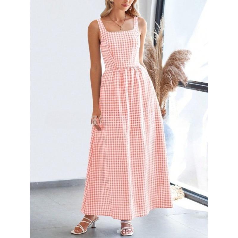 

VEZFAA Women s Fashion Summer Spring Plaid Print Sleeveless Square Collar High Waist Casual Dresses XXL рожевий