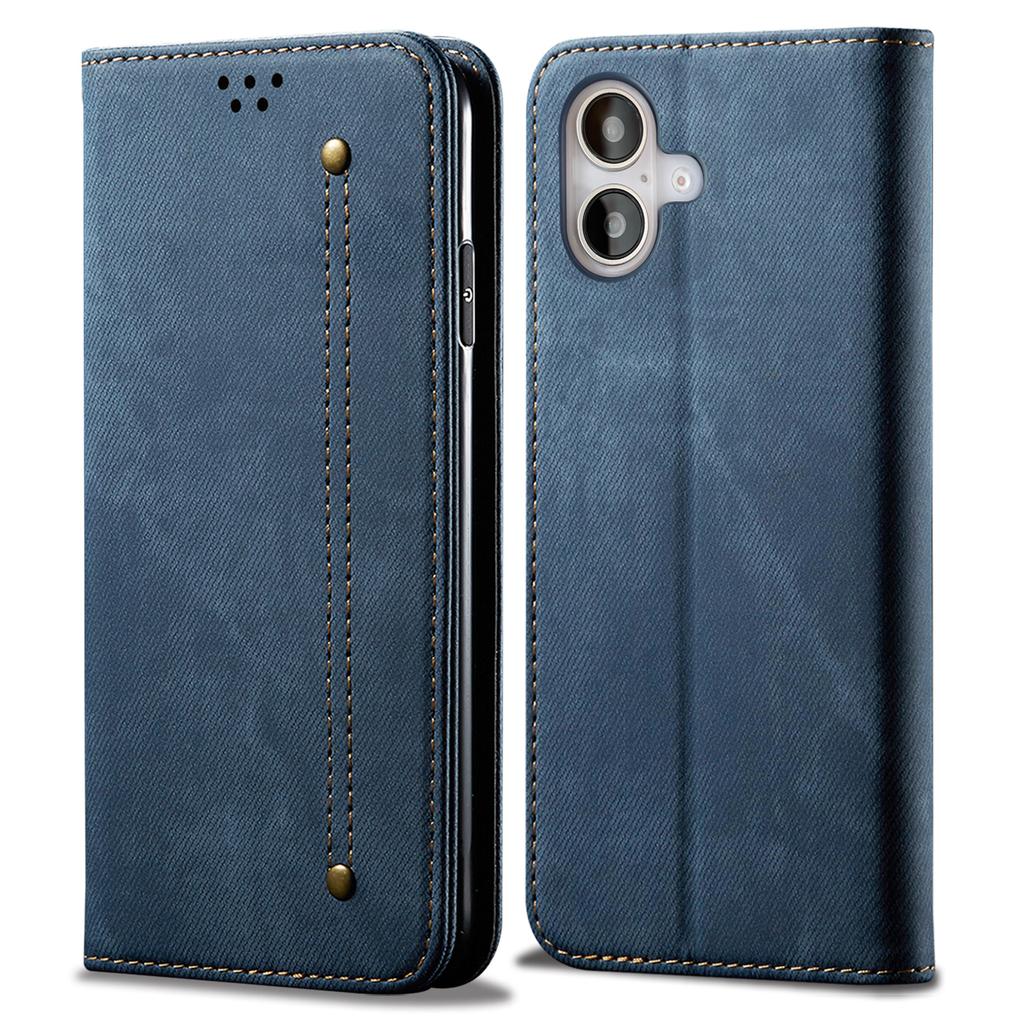 For iPhone 16 Plus Case Jeans Cloth Texture Anti-scratch Leather Stand Phone Cover