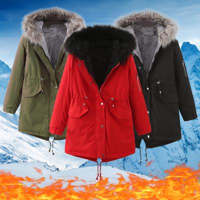 Damen-Wintermantel mit langer Verdickung und warmem Samt, lässig, mit Hut