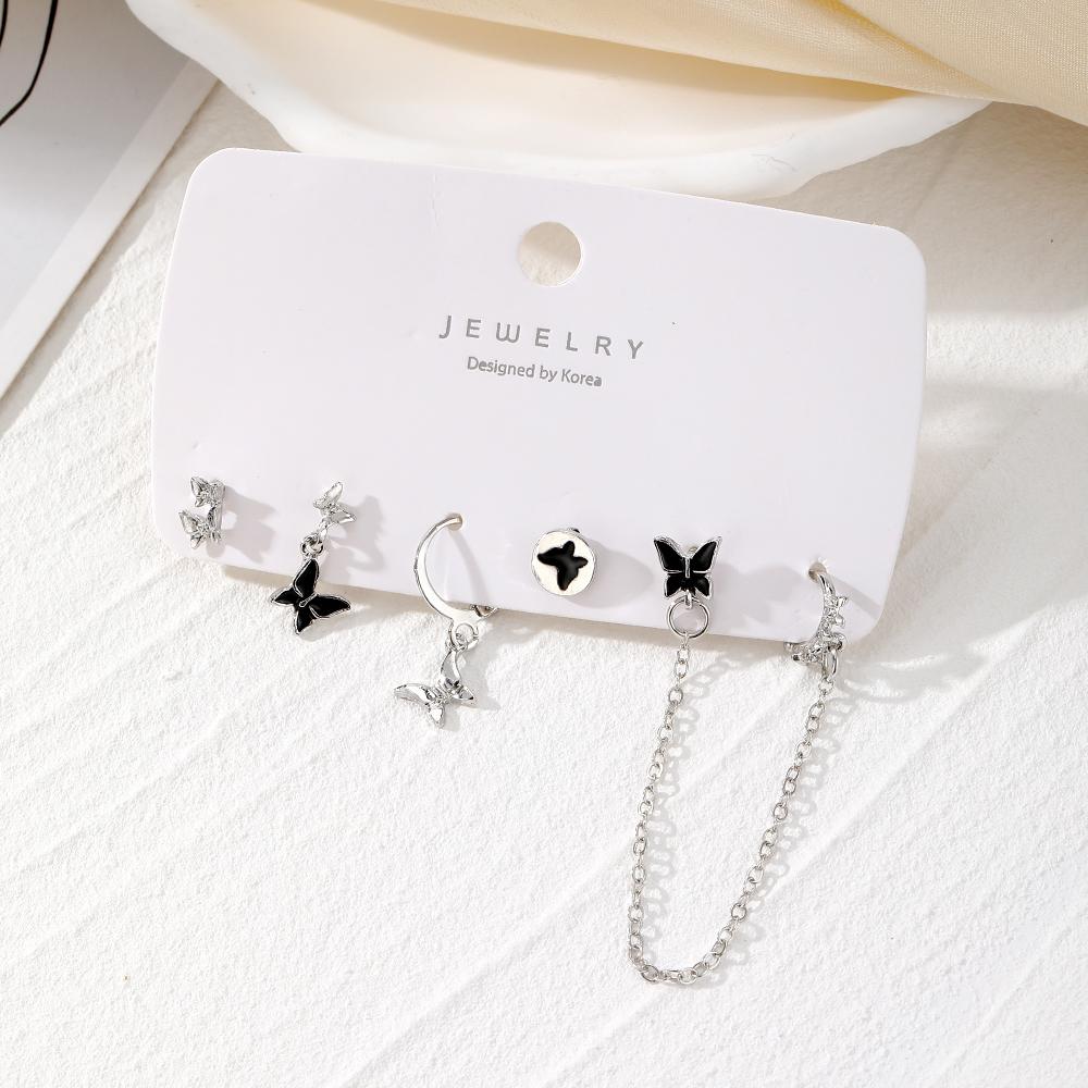 2024 Quasten-Ohrringe, 5-teiliges Set, schwarz, elegante Ohrringe, weiße Tropfkette, Schmetterlings-Kartenanzug, 5-teilig, weißer Schmuck, Geschenk, hunderte Nachtclub-Accessoires