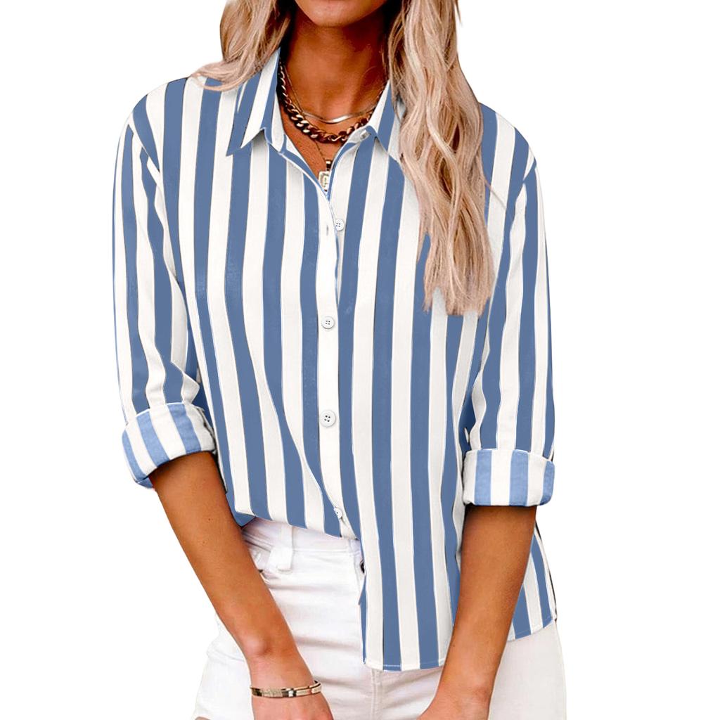 Women's Striped Casual Fashion Shirt Button Long Sleeved Top