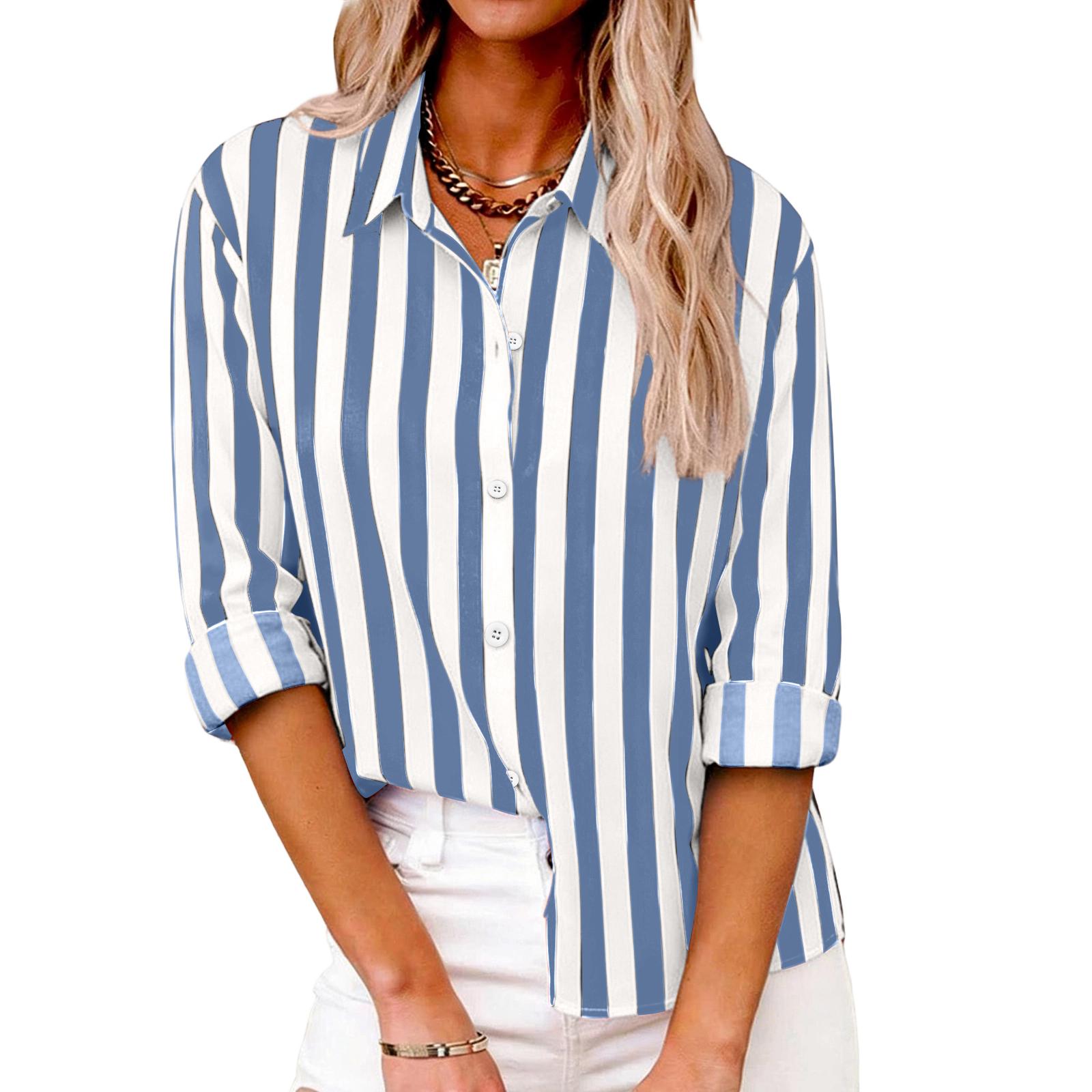 Women s Striped Casual Fashion Shirt Button Long Sleeved Top L синий