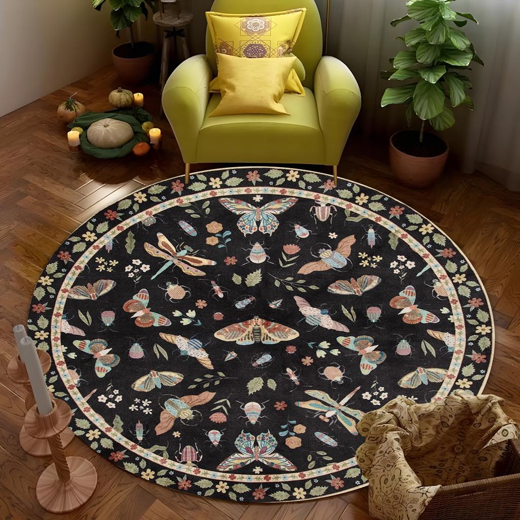 Round Insect & Floral Carpet - Vibrant Butterfly/Dragonfly/Moth Motif, Black  Boho Rug for Living Room, Artistic Nature Decor