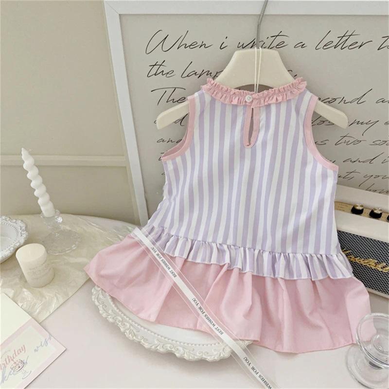 Child star Yuanmei Ledi cute doll girl dress summer Korean version bow striped pink splicing skirt