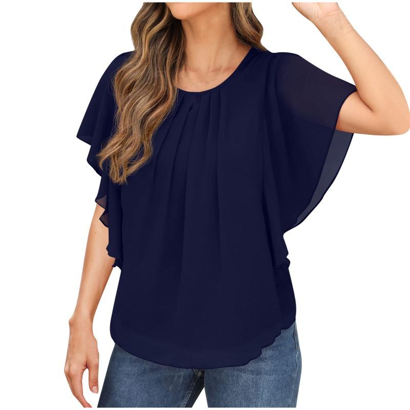 Summer Loose Short Sleeve Casual Chiffon Blouse Women Fashion Tops Solid Color Pleated Simple Elegant Office O Neck Shirts Ladies Clothes