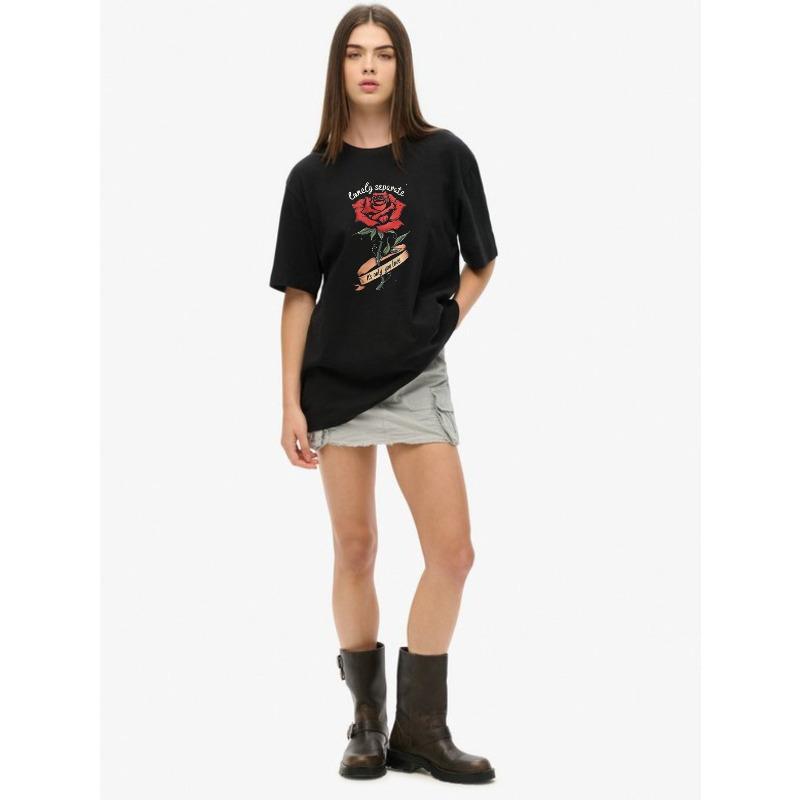 Oversized T Shirt Black Rose And Text Print Casual Streetwear For Women