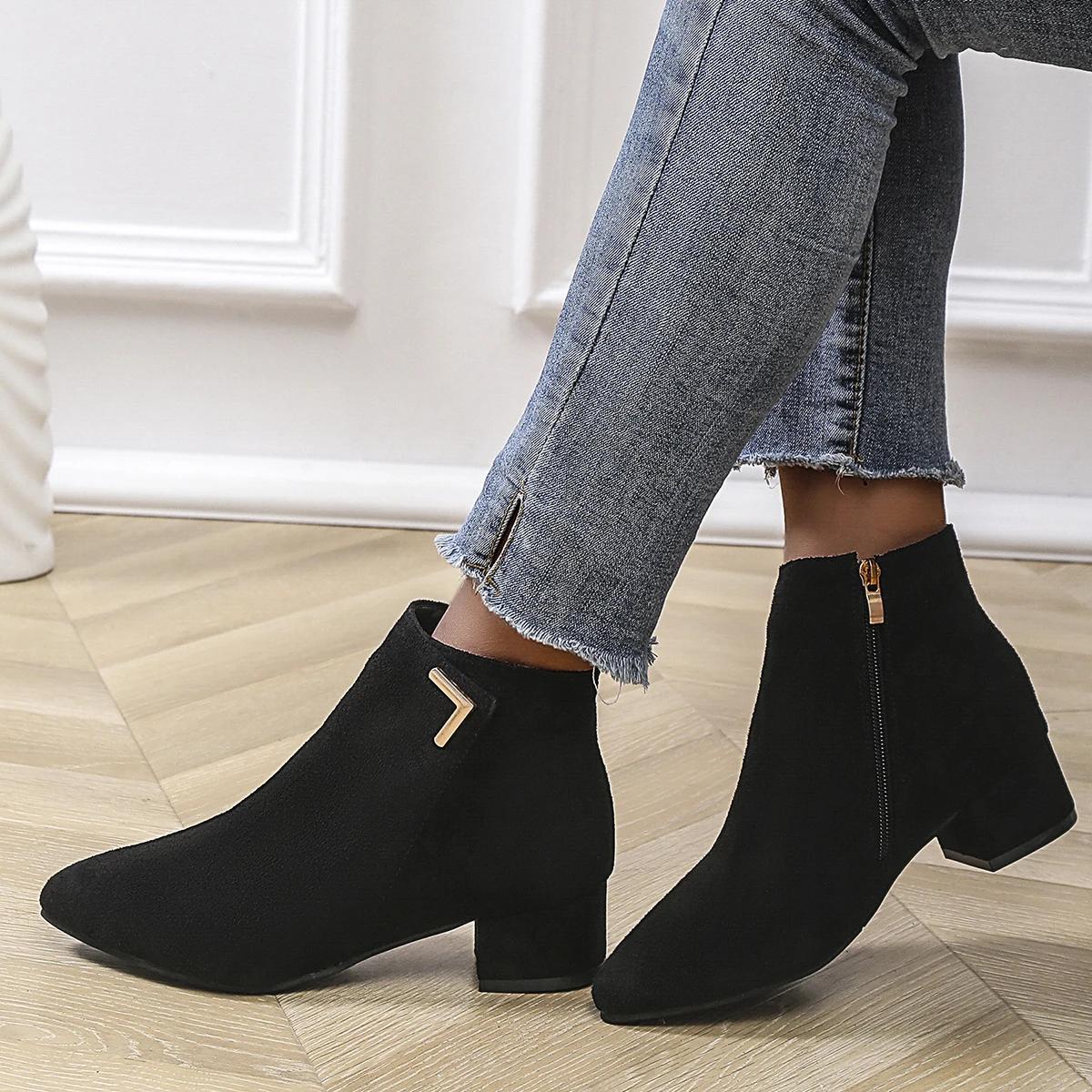 

Fashion Women Boots Fashion Short Boots Women Autumn Winter New Thin Side Zipper Comfortable Boots Pointed Toe Thick Heel Shoes Women 35 чорний
