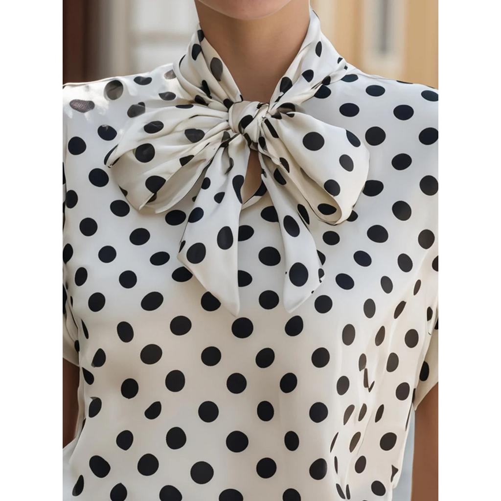 Summer Polka Dot Short Sleeve Lace-up Blouse Shirt Women's Casual Fashion Top for Outdoor Daily Wear