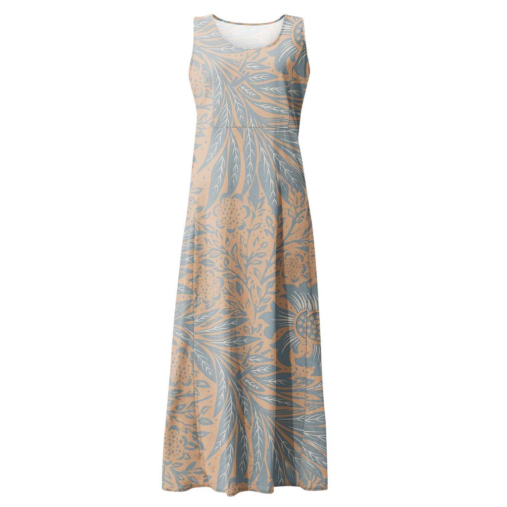 Women's Summer Casual Fashion Retro Printed Sleeveless Round Neck Pocket Dress