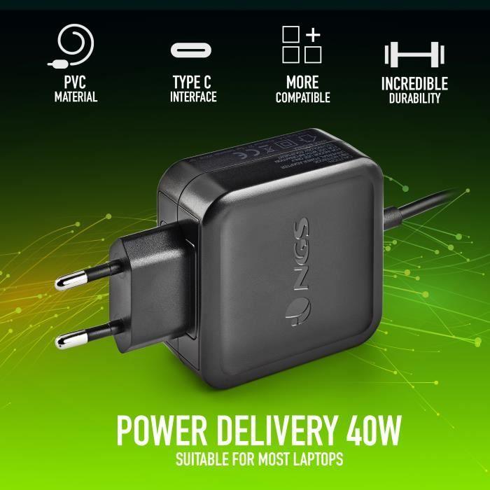 NGS Настенное зарядное устройство для компьютера 45 Вт Разъем USB Type-C, универсальное, автоматическое. Черный цвет.