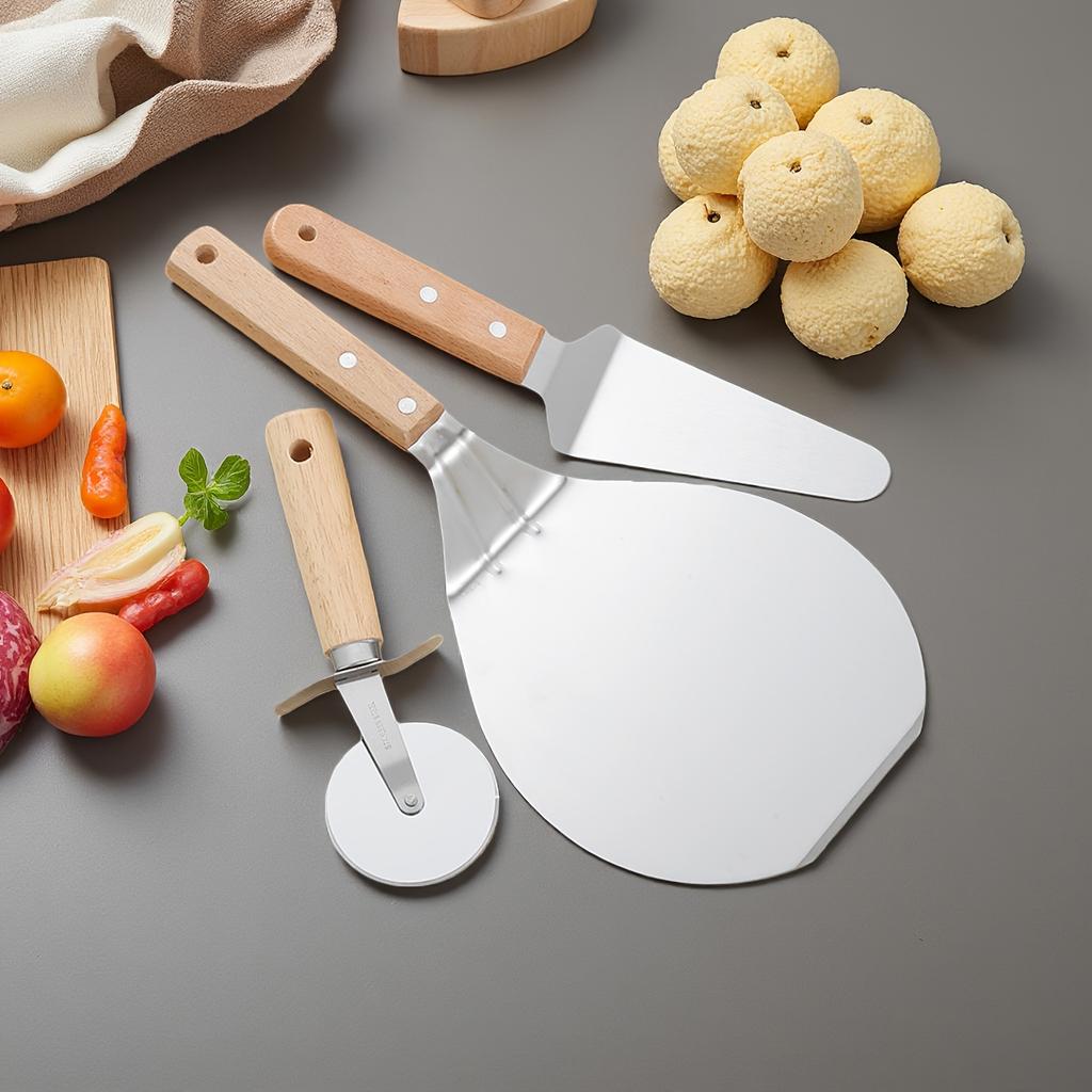 3-piece Sustainable Stainless Steel Pizza Peel Cutter Wooden Handle Large Pizza Shovel Steak Pancake BBQ Pan Cake Transfer
