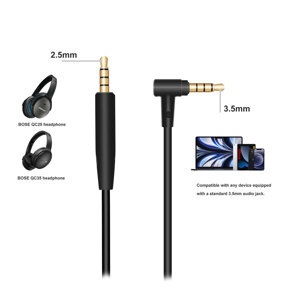 Replacement Audio Cable for Bose QuietComfort 25, QuietComfort 35II, OE2, OE2i, On-Ear 2, NC700, with Built-in Microphone & Volume Control (Black)