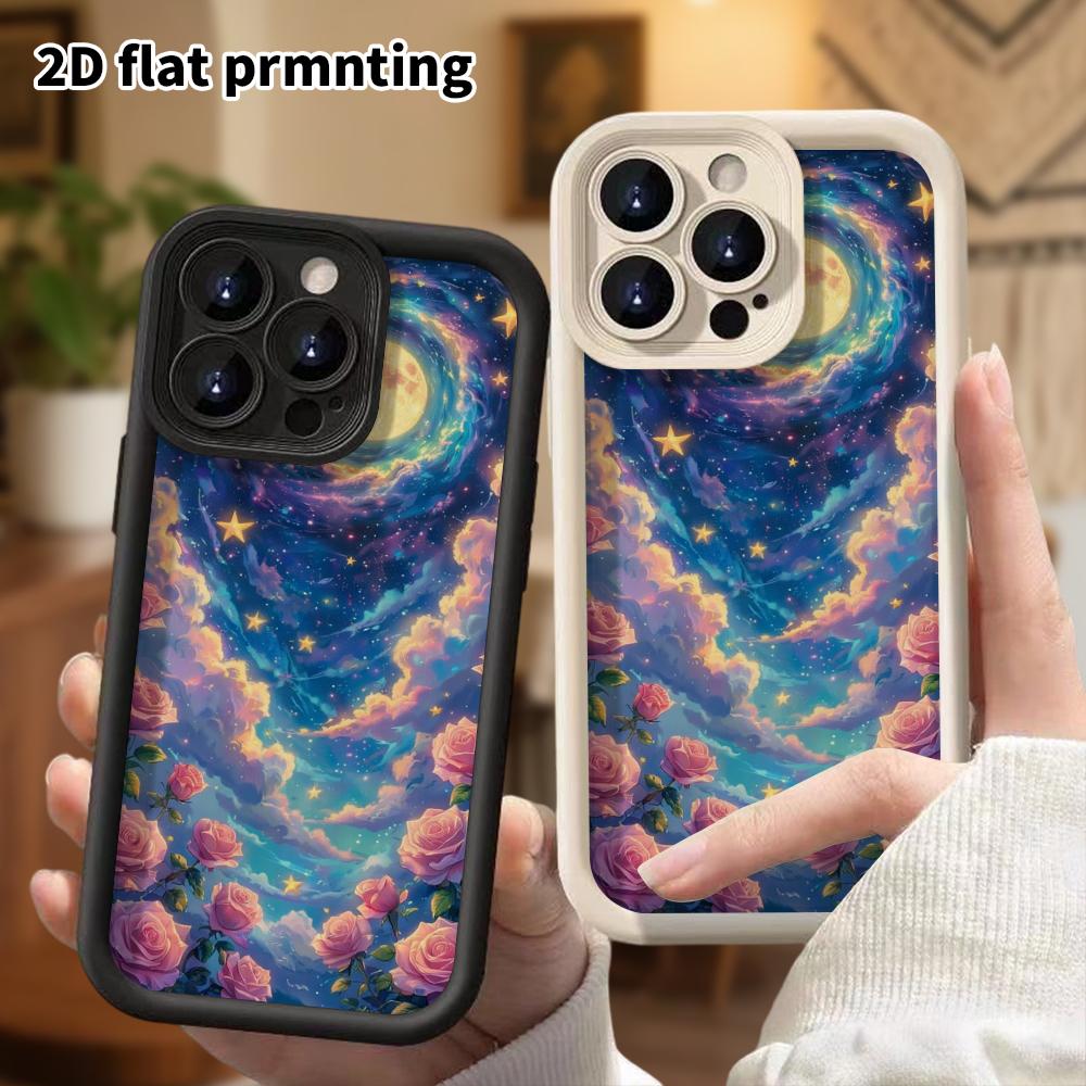 Phone Case: 2D Flat Design Suitable for iPhone 18 17 16 15 14 13 Pro Stepped Protective Case, Rose Starry Sky, Christmas and Halloween Gift
