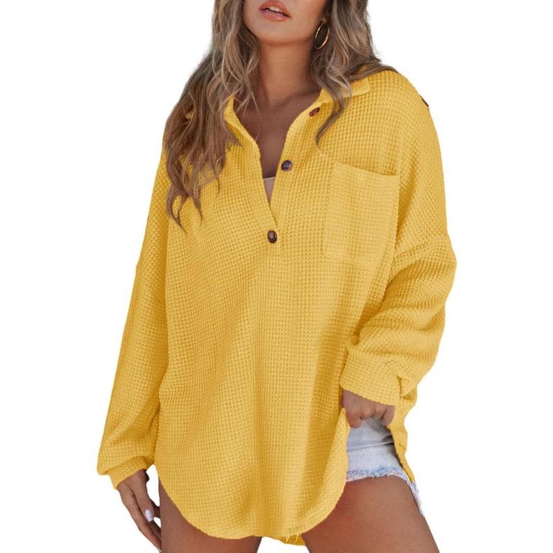 DAFIFY Women's Fashion Casual Spring Autumn Solid Color Print Long Sleeve POLO Neck Blouses & Shirts