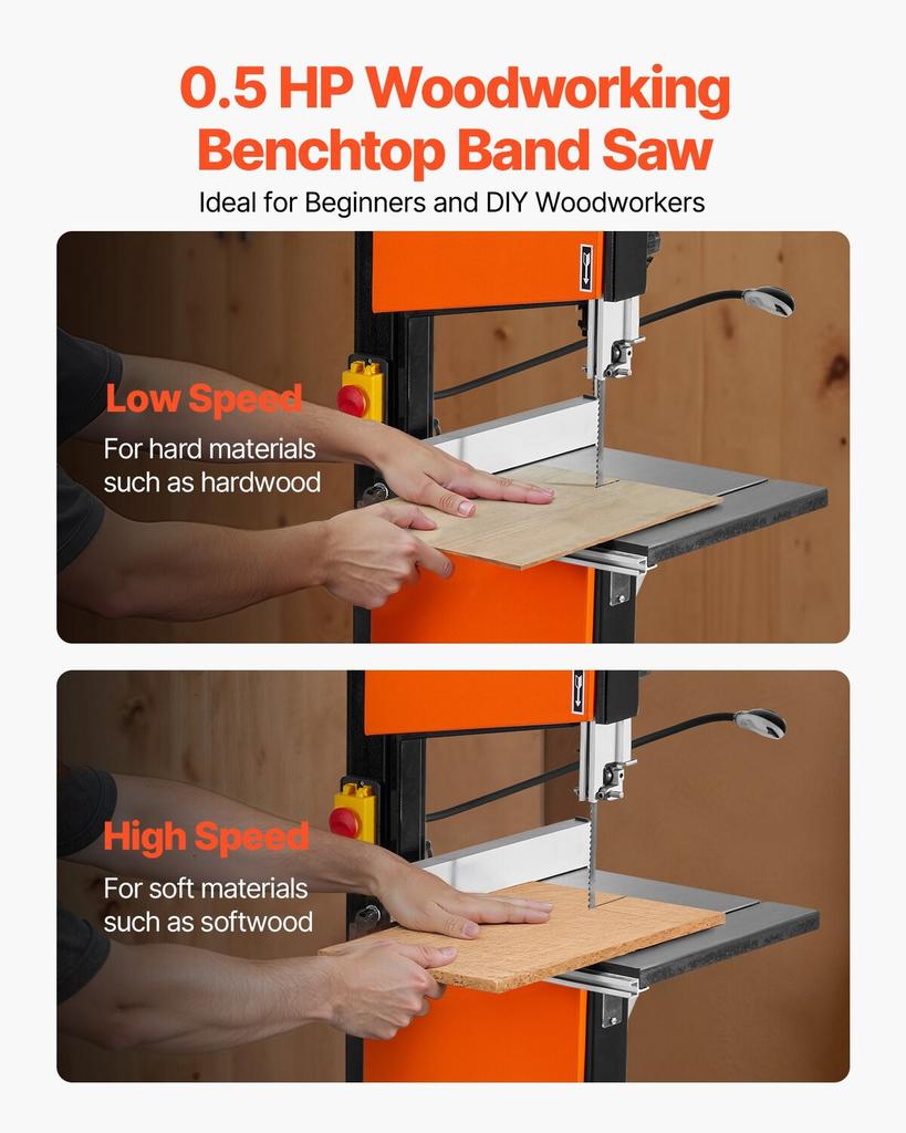 Bandsäge, 254 mm, Zweigeschwindigkeits-Tischbandsäge mit 373W 1/2 PS Motor, 160 mm max. Schnitthöhe, 335 x 340 mm Gusseisentisch, mit 360° Arbeitsleuchte,