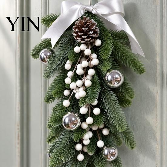 Rustic Pine Cone Red Berry Swag Christmas Teardrop Decoration, Artificial Wreath with Berries Cones Front Door Decoration And Bow for Door,