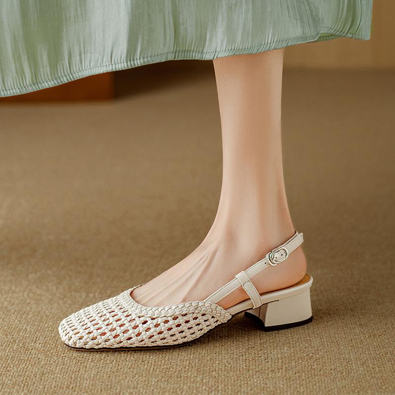 Fashion Women's Fashion Baotou Sandals 2025 Summer New Shallow Hollow Breathable One Line Square Head Buckle Sole Heel Shoes
