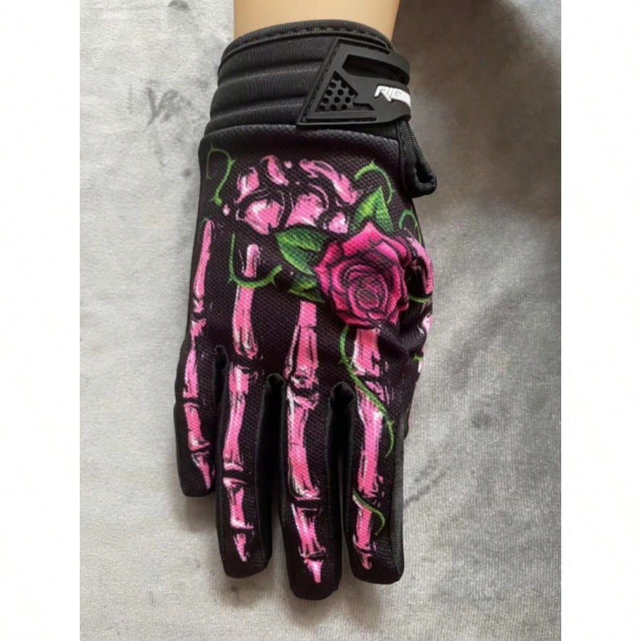 1pair Men's and Women's Rose Patterned Long Finger Outdoor Sports Off-Road Bike Cycling Gloves In Black and Pink, Winter Hand Warmers