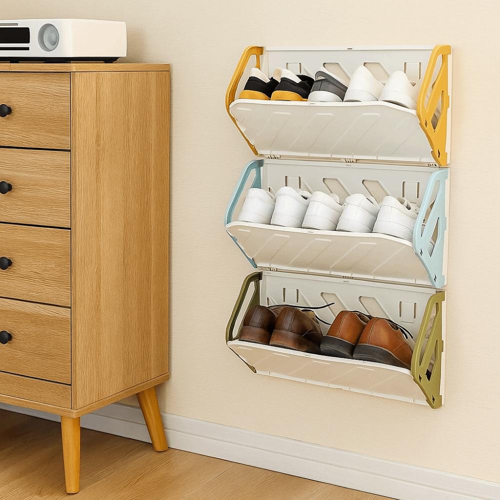 Easy Assembly Plastic Folding Shoe Rack Large Capacity Space Saving Wall-Mounted Shoe Rack No Punching Slipper Rack Closet