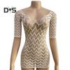Women Summer Beach Cover up Hollow Out Long Sleeves Slim Fit Low cut V Neck Backless See through Bikini Beach Mini Dress Beach Mock