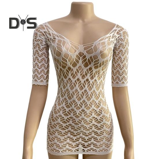 Women Summer Beach Cover up Hollow Out Long Sleeves Slim Fit Low cut V Neck Backless See through Bikini Beach Mini Dress Beach Mock