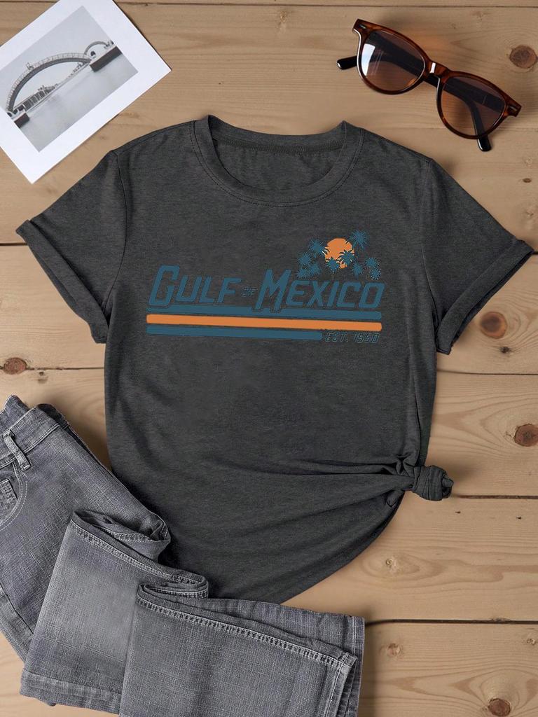 Women's French Round Neck Summer Beach Pattern T-Shirt