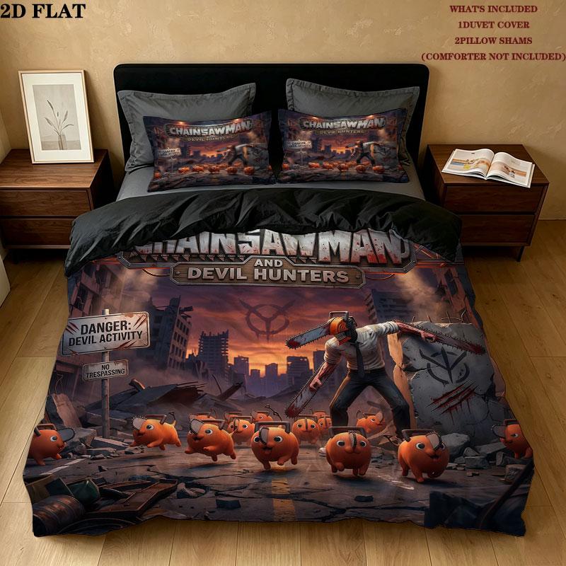 Set Copripiumino Trapuntato con Fantasia Chainsaw Man Federe Regalo di Compleanno per la Casa(1 * copripiumino + 2 * federa, senza nucleo)