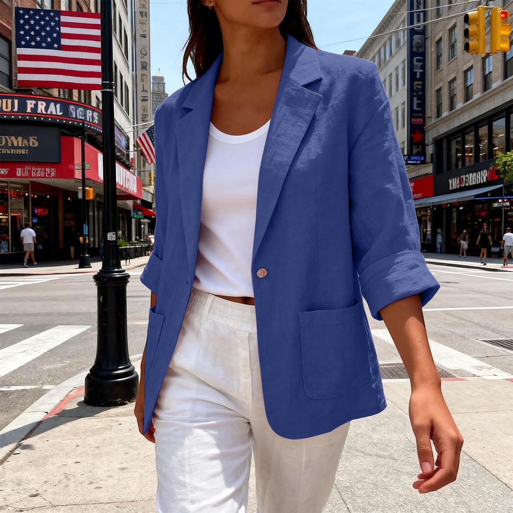 Women's Casual Linen-Cotton Cardigan with Pockets and Seven-Eighths Sleeve