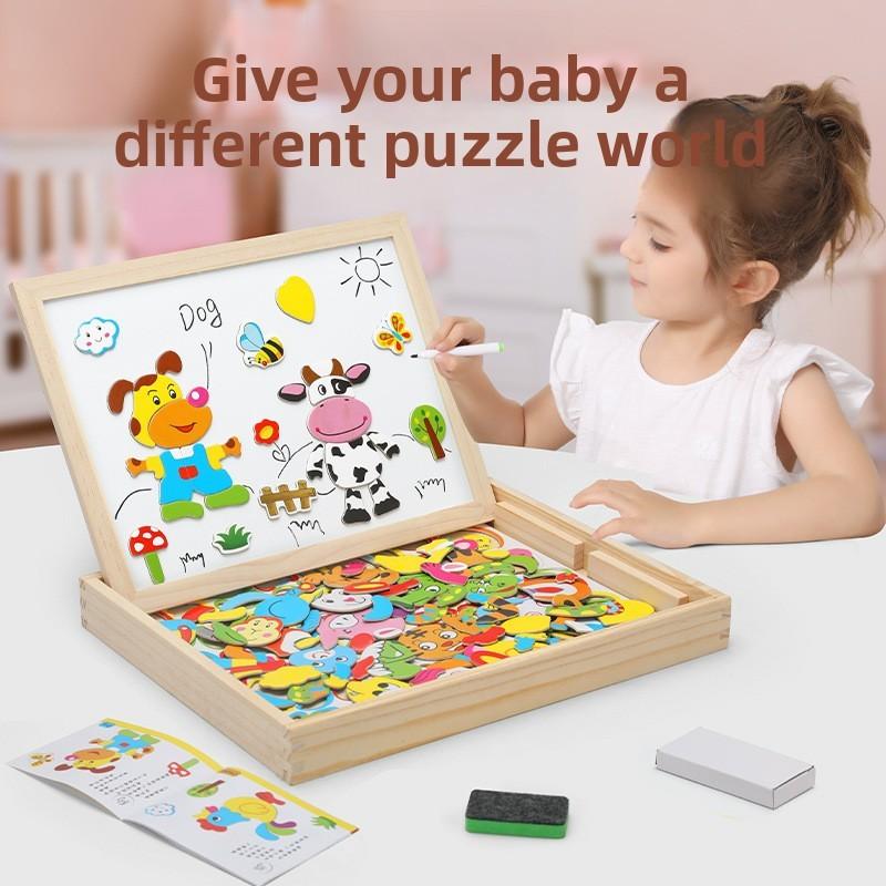 Cow Wooden Tiger Rabbit Animal Farm Theme Magnetic Puzzle Board Toy Children