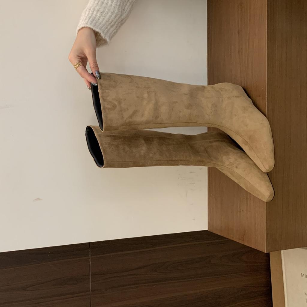 2025 Autumn and Winter New Square Head Tall Tube Inner Slope Heel Suede Thin Boots But Knee Knight Women's Boots