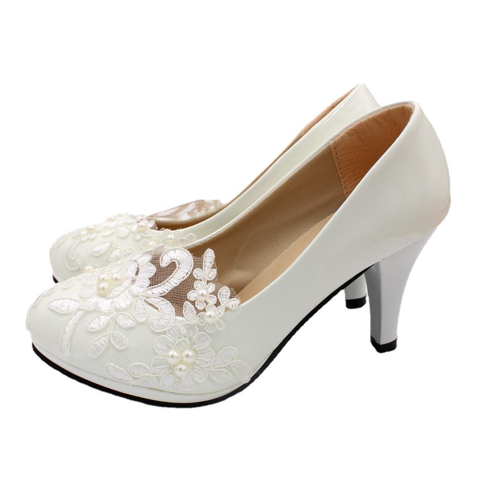 Zapatos de Boda de Encaje Blanco Plano - Talla Grande, Zapatos para Dama de Honor y Novia, Boca Baja, Zapatos Planos de PU para Mujer