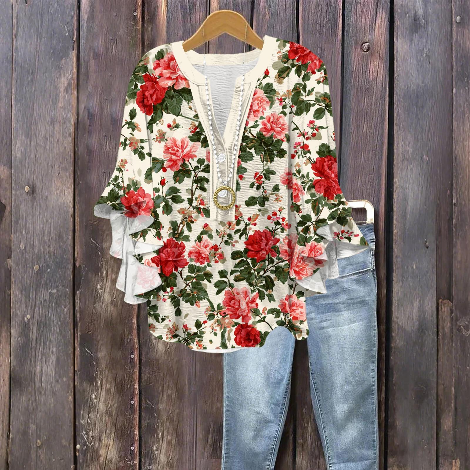 

Женская модная блузка на пуговицах с V-образным вырезом, с оборками и рукавами семь восьмых, топ с цветочным принтом XL красный