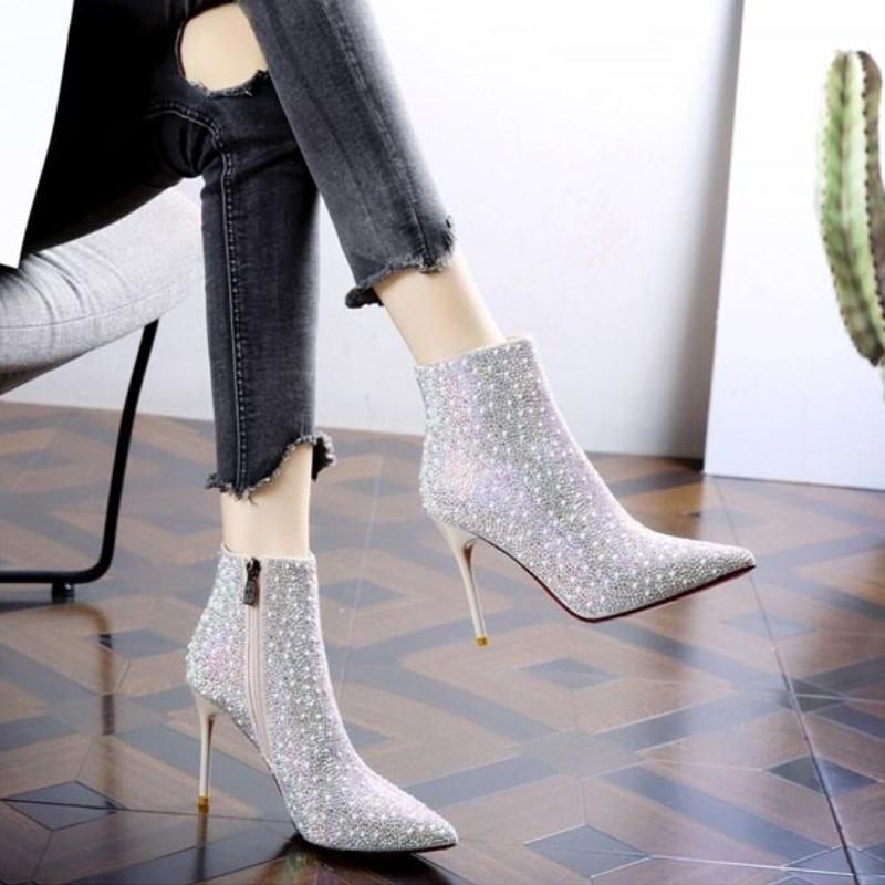 Nou toamnă și iarnă nou lucios sexy vârf ascuțit toc înalt subțire stras botine gleznă pentru femei 8cm toc înalt sandale botine