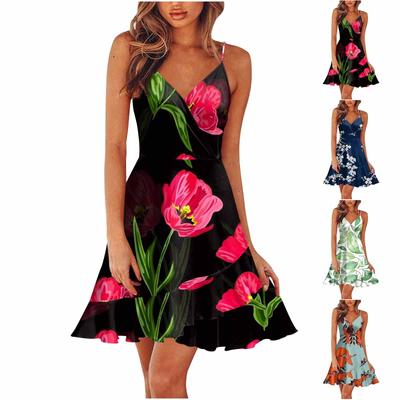 Rochie de vară pentru femei, cu decolteu în V, cu bretele spaghete ajustabile, cu pliuri în piept, rochie ocazională cu volan, rochie de vară, pe plajă, până la genunchi, rochie cu spatele deschis.