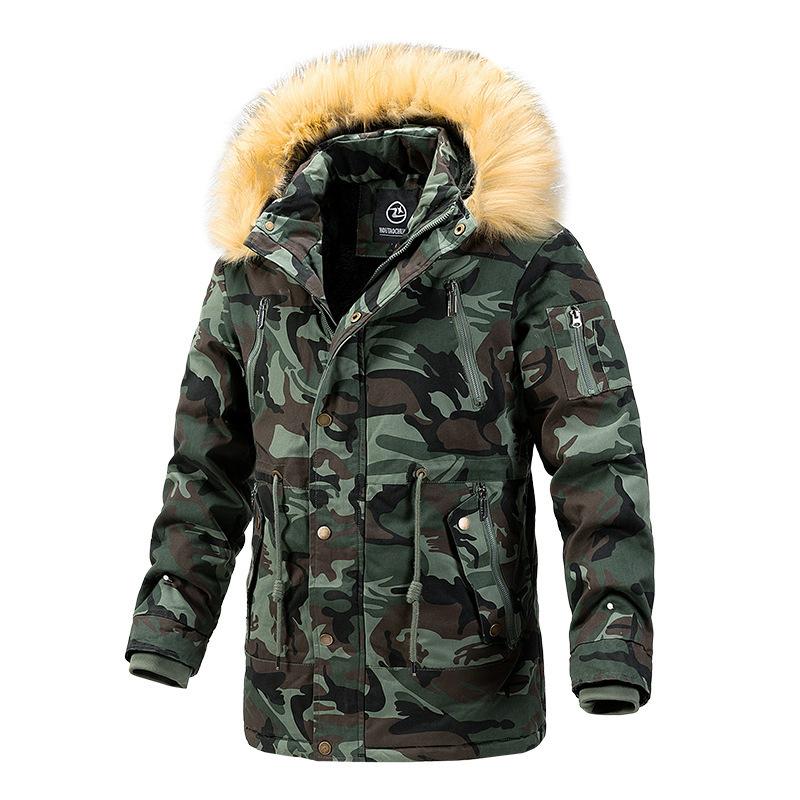 2025 Winter Hooded Men's Fleece Thickened Slim Mid-length Camouflage Cotton Jacket Men's Trendy Padded Clothing