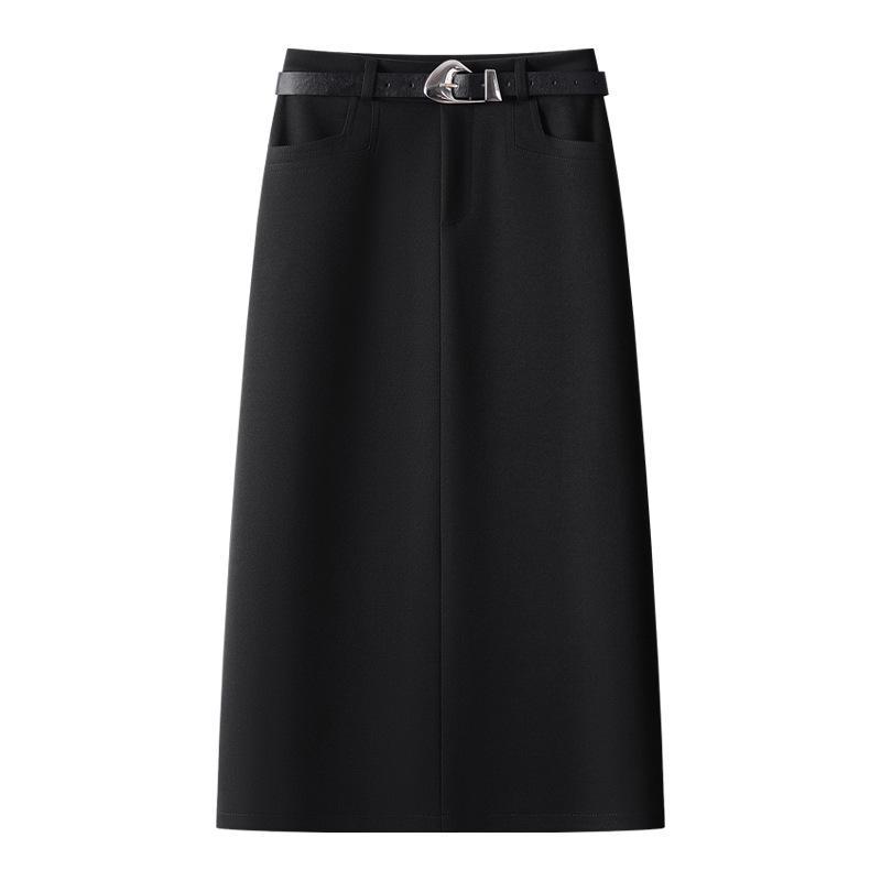 Women's 2024 Khaki Wool Midi Skirt: New Autumn/Winter Straight-Cut, Mid-Length Slit, Bodycon Design.