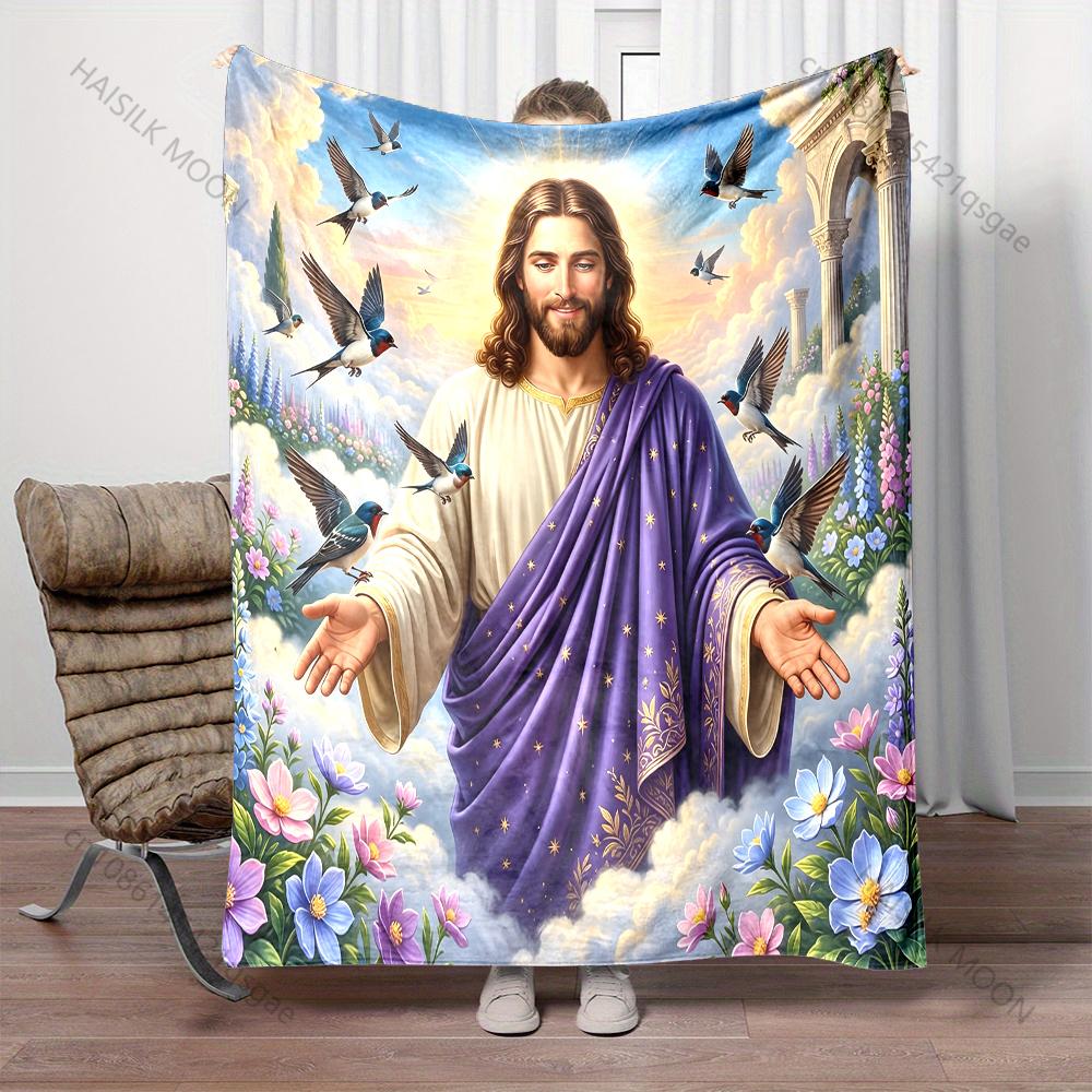 Jesus in Purple Robes with Flowers and Birds Print Blanket Warm Soft Fluffy Kids and Adult Sofa Bed Throw Blanket Travel Camping