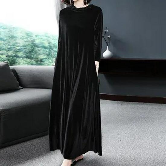 Women's Gold Velvet Knee-Length Long Dress - Autumn/Winter Collection