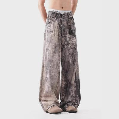 2024 Unisex High-Waisted Wide-Leg Inkjet Dyed Distressed Jeans