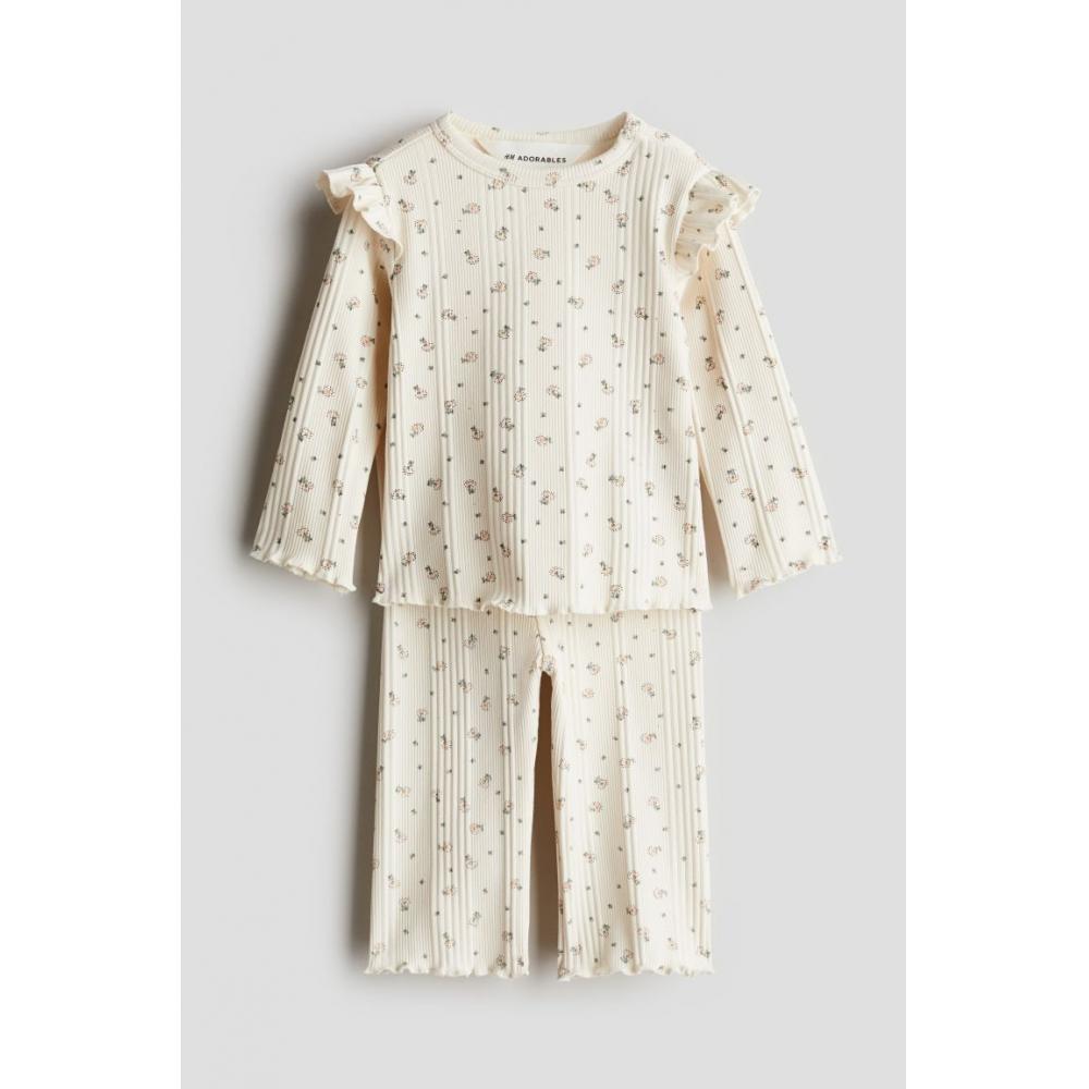 

H M Frill triM Cotton Jersey 2 Piece Set wHite Floral
