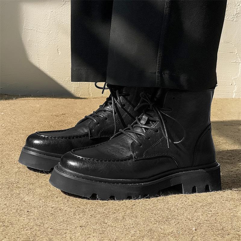High Top Leather Shoes Trendy Men's Thick Soled Autumn and Winter Styles Outdoor Street Daily Party Classic Retro Boots